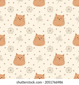 Seamless pattern of cute cat with flowers vector design. Animal pet background pattern. Good for fabric pattern, wallpaper, wrapping paper, backdrop.