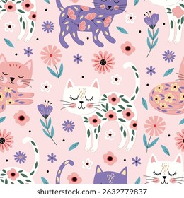 seamless pattern with cute cat and  flowers