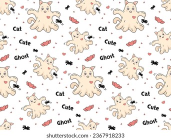 Seamless pattern Cute cat ghost with spider and hearts. Vector Background in cartoon style. Pattern for background, card, poster, coves, scrapbooking, textile, wrapping, banners, notebook.