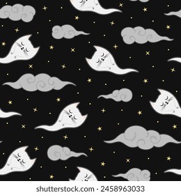 Seamless pattern with cute cat ghost character floating and dreaming among clouds. Sleeping kitten spirit flying in the sky among stars. Halloween night flat vector illustration
