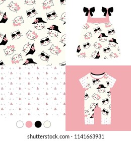 seamless pattern with cute cat, girl fashion
