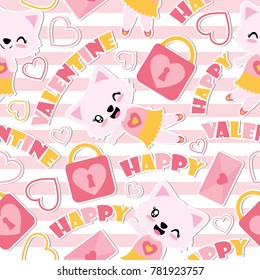 Seamless pattern of cute cat girl and Valentine elements on striped background vector cartoon illustration for Valentine wrapping paper, kid fabric clothes, and wallpaper