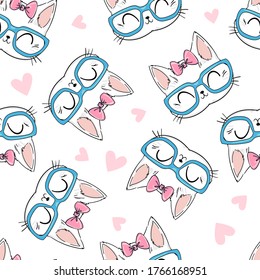 Seamless pattern Cute Cat with Glasses and Bow Sketch Vector Illustration, Print Design Cat, children print on t-shirt.