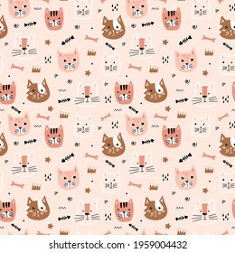 Seamless pattern with cute cat. Great for kids apparel, nursery decoration. Vector Illustration