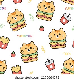Seamless pattern of cute cat hamburger with tomato and cola on white background.Pet animal character design.Yummeow.Kawaii.Vector.Illustration.