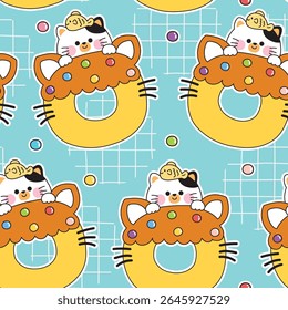 Seamless pattern of cute cat have fish on head stay on candy cat shape donut background.Meow.Sweet and dessert.Bakery.Pet animal character cartoon design.Kawaii.Vector.Illustration.