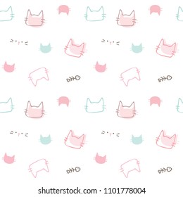 Seamless Pattern of Cute Cat Head Design on White Background
