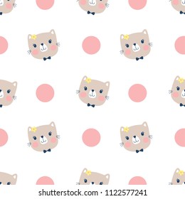 Seamless pattern, Cute cat head cartoon with dots on white background illustration vector.