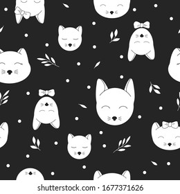 Seamless pattern with cute cat heads. Various white heads on a black background. Monochrome vector illustration. Hand-drawn.