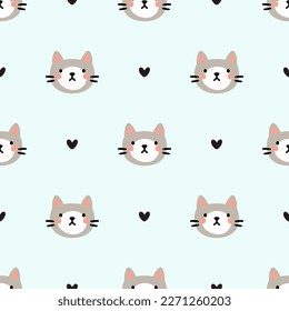 Seamless pattern with cute cat heads and black hearts