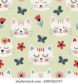 seamless pattern with cute cat heads, flowers, butterflies