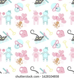Seamless pattern with cute cat, heart and whale. Modern trend colorful pet characters template. Design for fabric, textile, wallpaper, wrapping paper, posters and banners. Flat Art Vector illustration