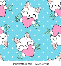 Seamless Pattern Cute Cat And Heart On A Blue Background. Polkadot. Vector Illustration. Print Design For Baby Textiles, Cute Fabric.