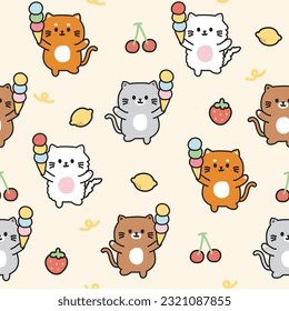 Seamless pattern of cute cat hold icecream with fruit background.Cherry,strawberry,lemon hand drawn.Kid clothing.Meow lover.Kawaii.Vector.Illustration.