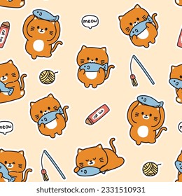 Seamless pattern of cute cat hold fish sticker with toy and cat lick food icon pastel background.Pet animal character cartoon design.Baby clothing.Meow lover.Kawaii.Vector.Illustration.