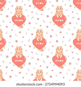 Nahtloses Muster mit einer süßen Katze, die ein großes rotes Herz mit dem Text Meow in den Pfoten hält. Handgezeichnetes Haustier. Romantischer Hintergrund zum Valentinstag, Kindertextilien, Hintergrund zum Tiertag