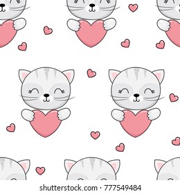 Seamless pattern with cute cat holding heart in paws on white background. Vector illustration for children.