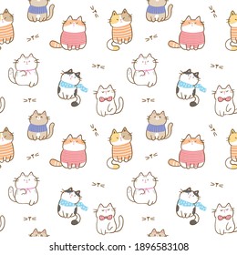 Seamless Pattern with Cute Cat Illustration Design on White Background