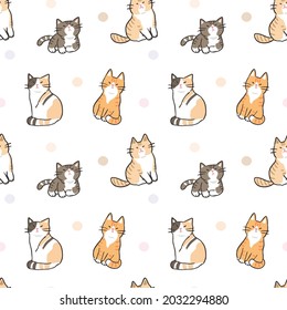 Seamless Pattern with Cute Cat Illustration Design on White Background with Pastel Dots