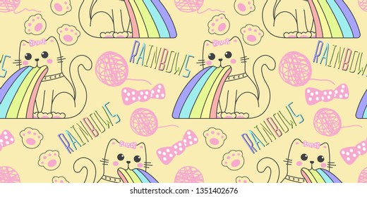 seamless pattern with cute cat in kawaii style puking rainbow, pink ball of yarn a pink butterfly and cat's paw