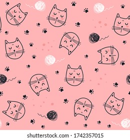 Seamless pattern with cute cat. Kids print. Vector illustration.