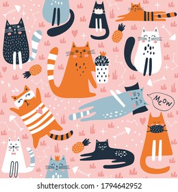 Patrón sin foco con gato lindo. Los niños imprimen. Ilustración vectorial.