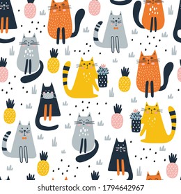 Seamless pattern with cute cat. Kids print. Vector illustration.