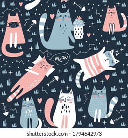 Seamless pattern with cute cat. Kids print. Vector illustration.