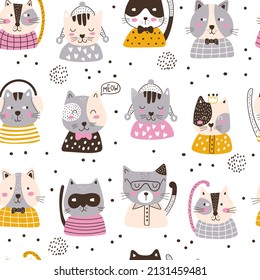 Patrón sin foco con gato lindo. Los niños imprimen. Vector