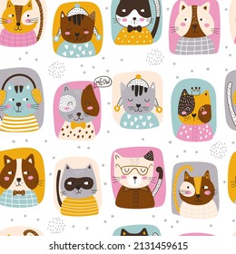 Nahtloses Muster mit süßer Katze. Kinder drucken. Vektorgrafik