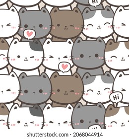 Seamless Pattern With Cute Cat Kitty Head Cartoon Doodle Vector