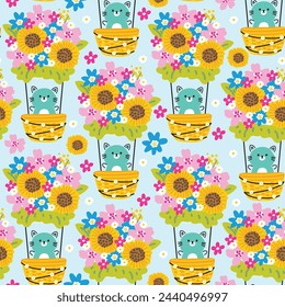 Seamless pattern of cute cat line style hand drawn stay in flower balloon background.Spring.Nature.Blooming.Floral.Pet animal character cartoon design.Kawaii.Vector.Illustration.