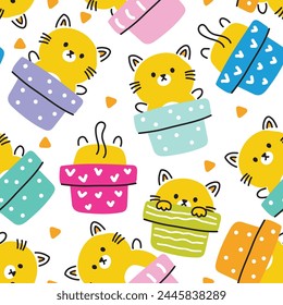 Seamless pattern of cute cat line hand drawn in pot on white background.Meow.Pet animal character cartoon design.Image for card,poster,baby clothing.Kawaii.Vector.Illustration.