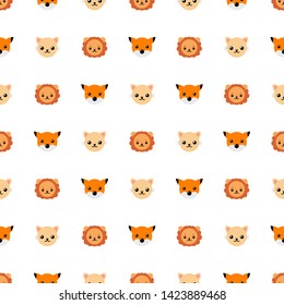 Seamless pattern with cute cat, lion and fox. Vector illustration for design, web, wrapping paper, fabric, wallpaper.