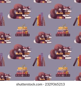 Seamless pattern with cute cat lying in the books. Pet, kitty, domestic life, animal concept. Square Vector illustration.