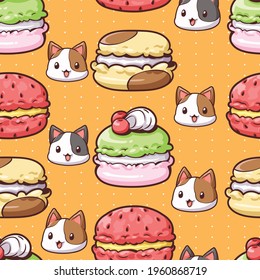 Seamless pattern of cute cat and macaron, kawaii design and bright colors. White polka dots and orange background. Vector cartoon illustration. They are great for decoration or as part of a design.