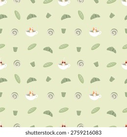 Seamless pattern with cute cat in matcha tea cup, croissant, roll cake, and bread on grern background, bakery cafe nursery theme, Scandinavian vector illustration
