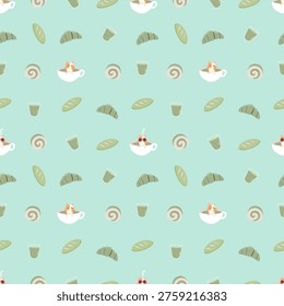 Seamless pattern with cute cat in matcha tea cup, croissant, roll cake, and bread on mint background, bakery cafe nursery theme, Scandinavian vector illustration
