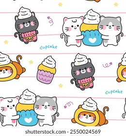 Patrón sin fisuras de lindo maullido de gato con fondo de estrella de cupcake. Panadería y mano dulce dibujado. Diseño de dibujos animados de personajes de animales domésticos. Imagen para tarjeta, pegatina, ropa de bebé. Kawaii. Vector. Ilustración.