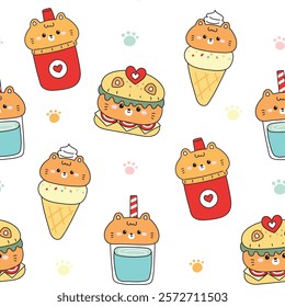 Seamless pattern of cute cat meow face in food concept with paw white background.Fastfood.Hamburger,fresh fried,ice cream,drink.Pet animal character cartoon.Kawaii.Vector.Illustration.