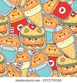 Seamless pattern of cute cat meow face in food concept sticker background.Fastfood.Hamburger,fresh fried,ice cream,drink.Pet animal character cartoon.Kawaii.Vector.Illustration.