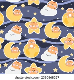 Patrón sin foco de gato lindo con la luna y la pegatina estrella en el fondo del cielo nocturno. Amante maullido. Diseño de caricaturas de personajes animales mascotas. Galaxy. Kawaii.Vector.Ilustración.