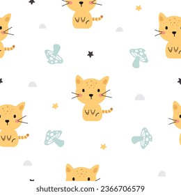 Seamless pattern with cute cat and mushroom. Vector illustration, for print, fabric, wallpaper, wrapping, card, poster