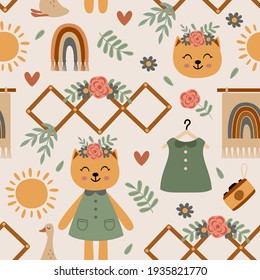 seamless pattern with cute cat and nursery elements