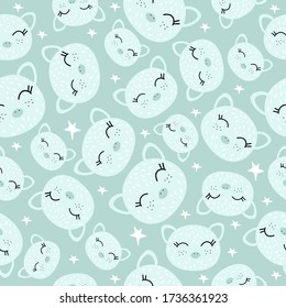 Seamless pattern with a cute cat on a blue background. Vector illustration with a kitten. Doodle style. Design of packaging paper, fabrics, and clothing. Pet. Textile print. Children's pattern.