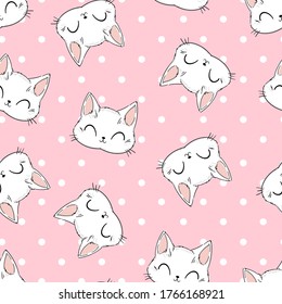 Seamless pattern Cute cat on a pink background. Polkadot. Vector illustration. Print design for baby textiles, cute fabric.