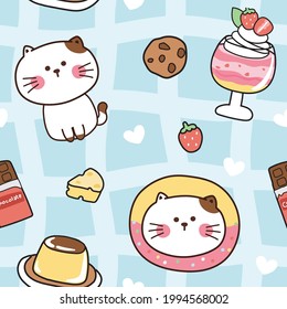 Seamless pattern of cute cat on blue plaid background.Animals character design.Pet hand drawn.Kid graphic.Image for wallpaper,banner,card,screen,printing.Kawaii.Repear.Vector.Illustration.Illustartor