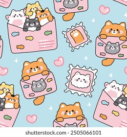 Seamless pattern of cute cat in paper mail have fish cartoon background.Heart.Stamp.Message.Card.Meow text.Pet animal character.Kawaii.Vector.Illustration.