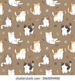 Patrón sin inconvenientes con diseño de gatos y hojas en fondo marrón