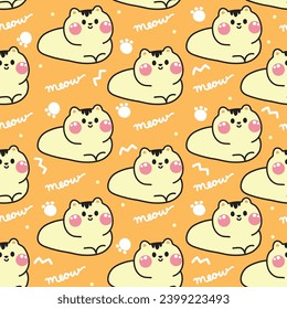 Seamless pattern of cute cat with paw and meow text background.Pet animal character cartoon design.Baby clothing print screen.Kawaii.Vector.illustration.